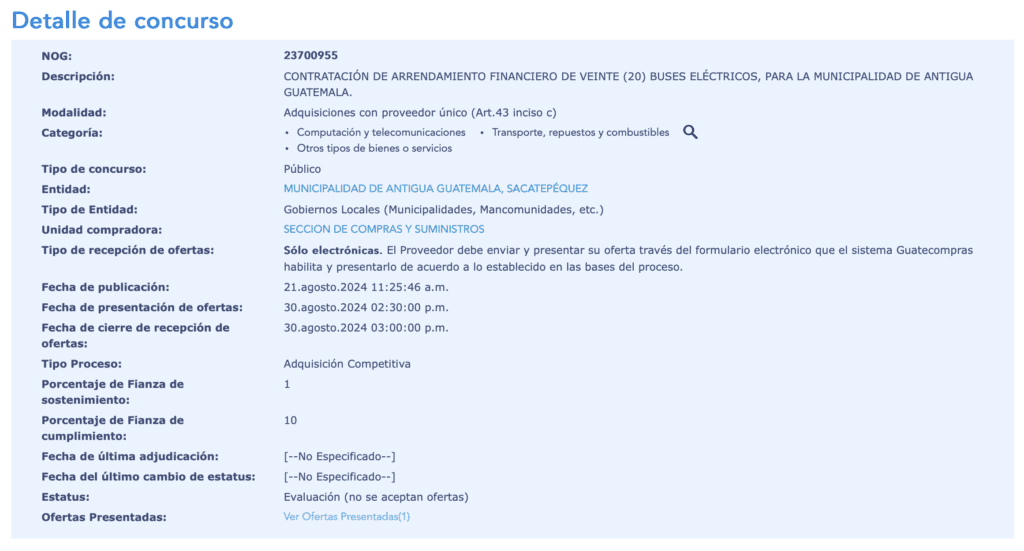 Captura de pantalla del concurso de los buses eléctricos en Guatecompras.